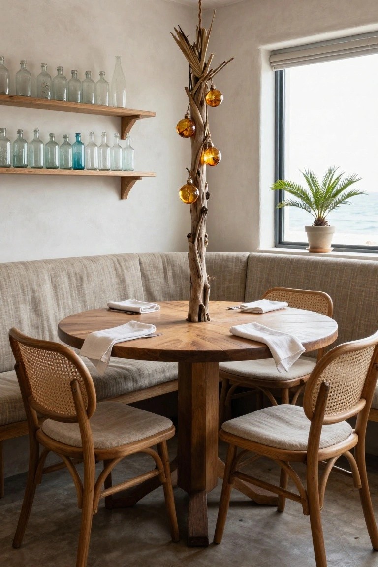 Cozy indoor dining area featuring a round wooden table set with white napkins, flanked by rattan chairs and a beige bench seat, centered under a tall driftwood chandelier with hanging amber glass orbs, wooden shelves holding glass bottles on one wall, and a large window showing a potted palm plant and sea view.