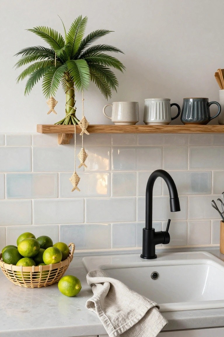 Kitchen countertop with white sink, black faucet, basket of limes, beige dish towel draped over edge, wooden shelf above holding faux palm tree with hanging woven fish ornaments and ceramic mugs, light blue subway tile backsplash.