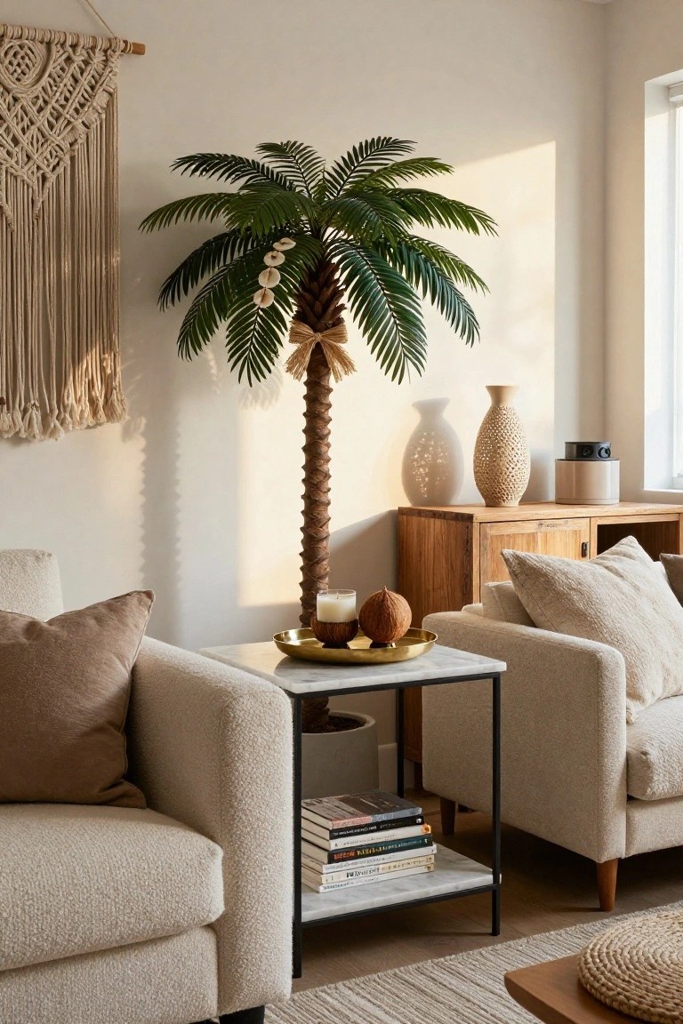 Living room corner with tall artificial palm tree decorated with hanging shells, two cream bouclé armchairs around a black metal coffee table topped with books candle and pumpkin, wooden cabinet holding white and woven vases, macrame wall hanging, and seagrass rug on wood floor.