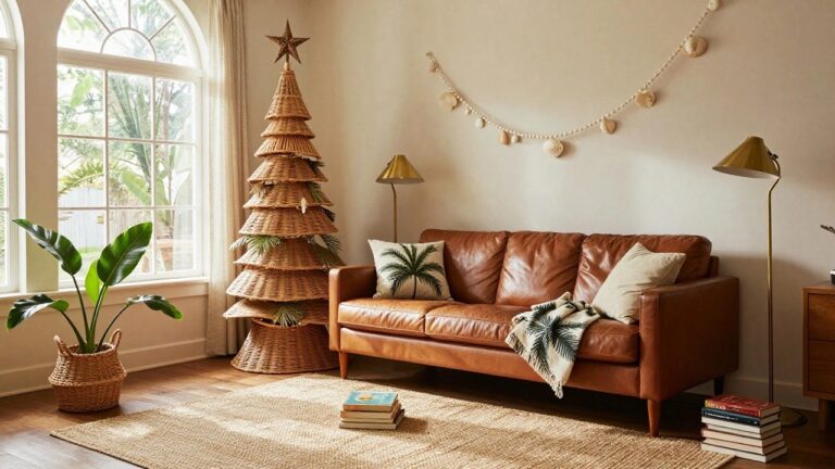 A tall conical Christmas tree made of woven rattan stands by a large window in a light-filled living room, decorated with beige beads, shells, starfish, and wooden ornaments, next to a leather sofa, gold floor lamp, potted plants, and stacked books on the floor.
