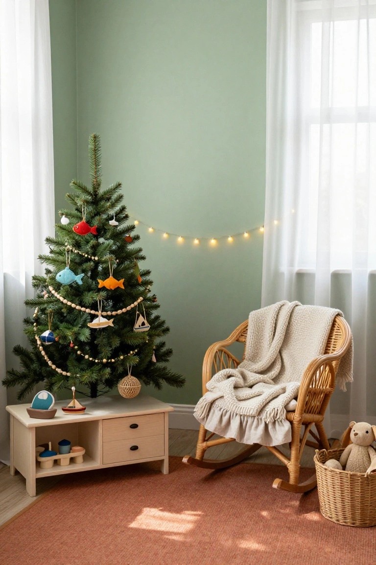 A small Christmas tree decorated with colorful felt fish, boat, and sea creature ornaments stands in a mint green nursery corner beside a wicker rocking chair with a blanket, a wooden side table holding toys, and a wicker basket on a rug.