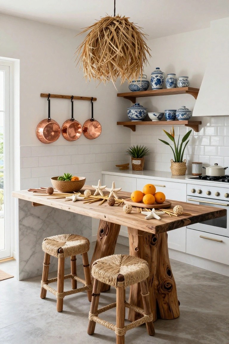 White modern kitchen featuring a live-edge wooden island table with rattan stools, seashells and oranges on the tabletop, copper pots hanging on the wall, blue and white ceramic jars on shelves, plants, and a rattan pendant light.