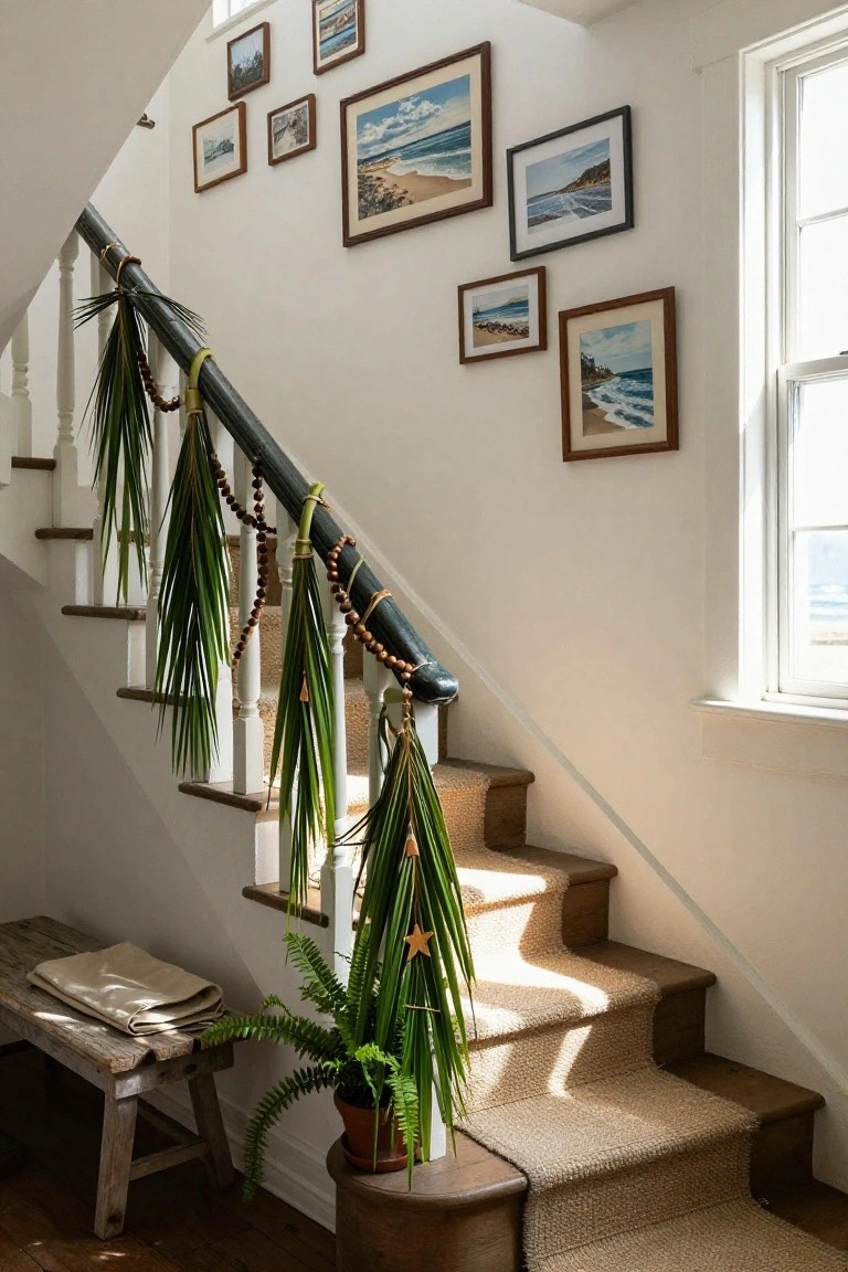 Wooden staircase with green palm fronds and beaded garlands draped along the dark banister and white balusters, framed beach artwork on white walls, large window with ocean view, potted plant and bench at base