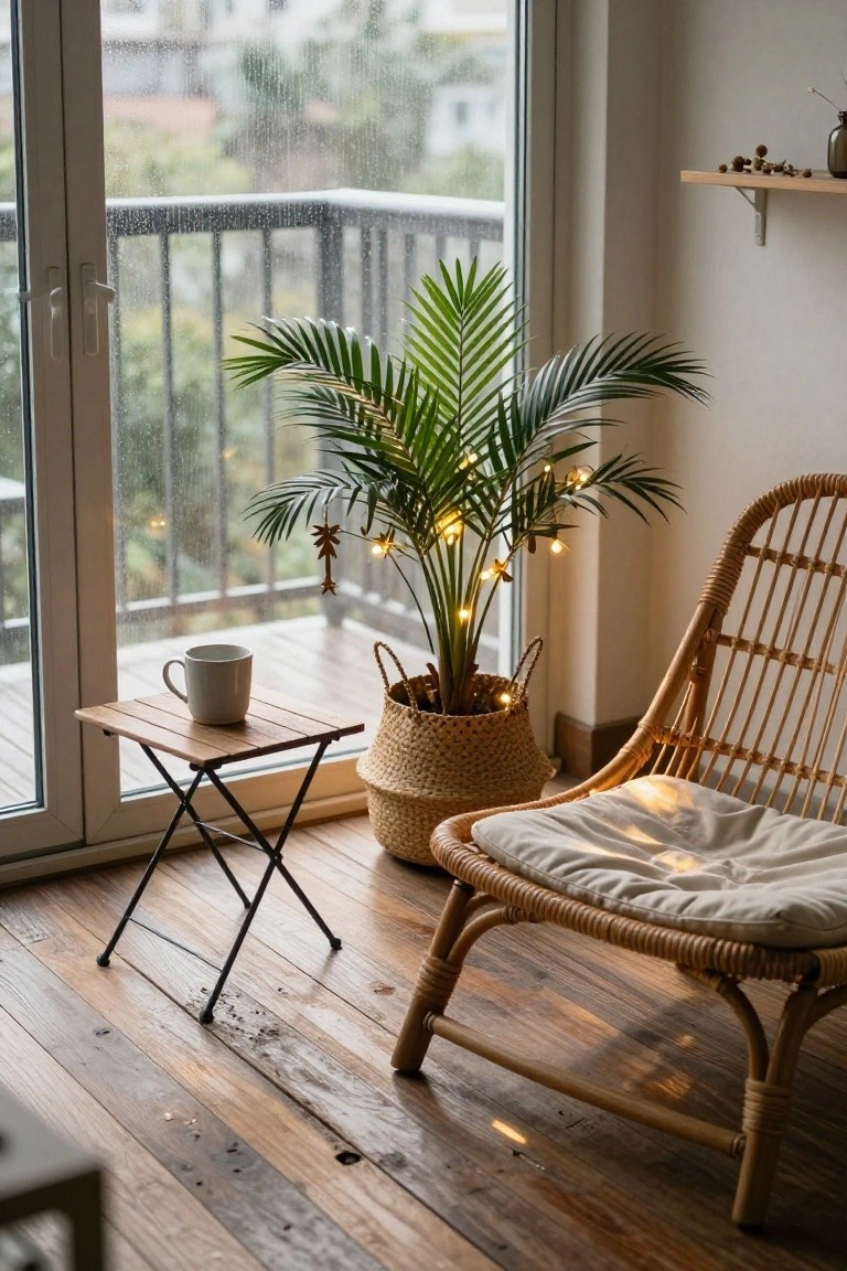 Indoor corner with potted palm tree in woven basket decorated with string lights and leaf ornaments, rattan armchair, small wooden table holding white mug, and glass doors to rainy balcony with railing.