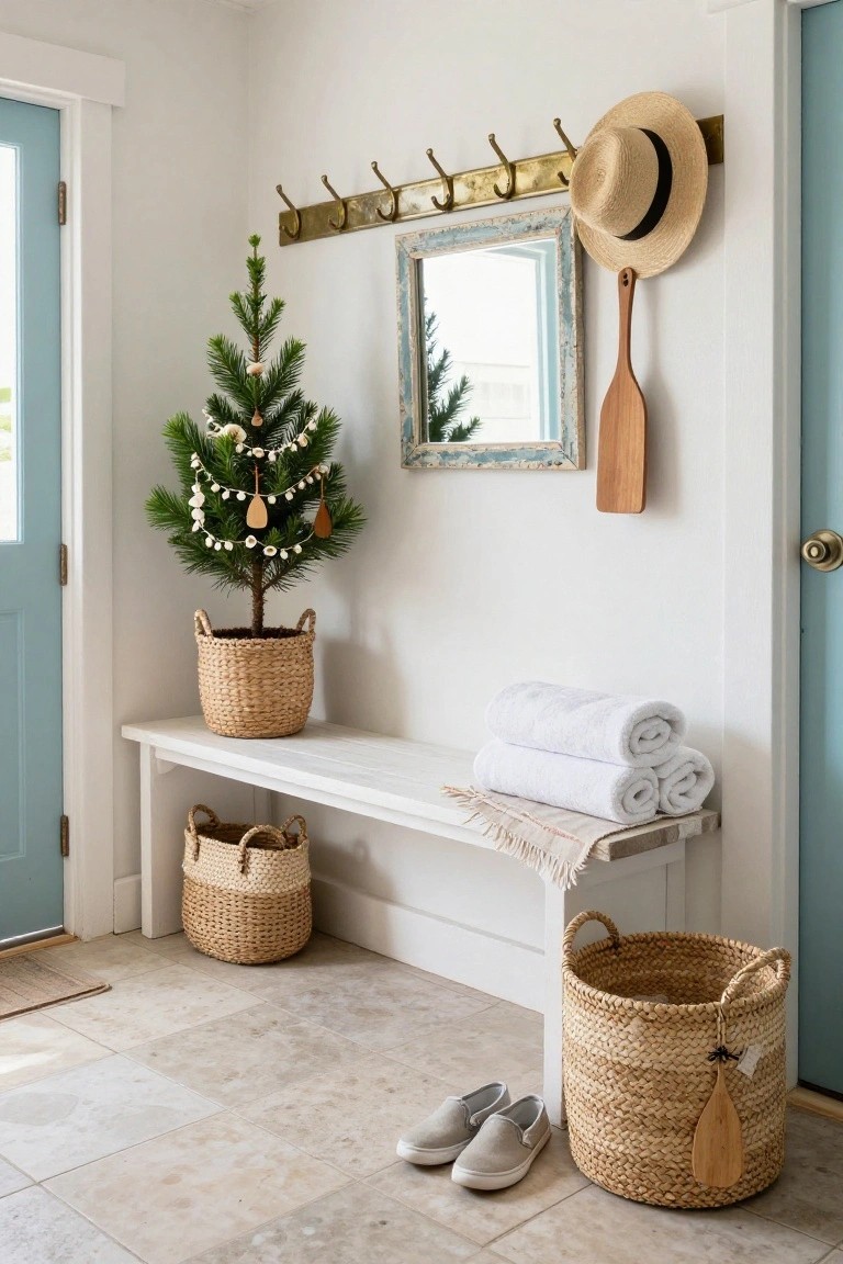 Coastal entryway interior with small potted Christmas tree decorated in shell garlands and beads in seagrass basket next to white bench holding folded white towels, additional seagrass baskets, gray shoes, brass wall hooks with straw hat and wooden paddle, and blue door.
