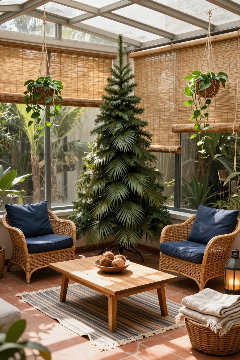 Sunroom interior with glass ceiling and walls, artificial Christmas tree next to windows, two navy-cushioned rattan armchairs around wooden coffee table holding coconuts in wooden bowl, hanging plants, bamboo blinds, terracotta floor, woven rug and basket.