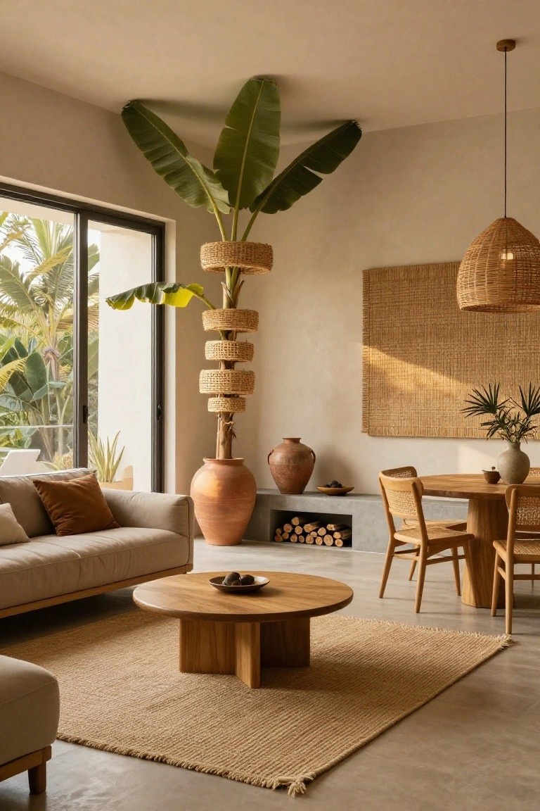 Indoor living room with tall banana plant in stacked woven baskets, beige sofa, round wooden coffee table, small dining table with chairs, large glass doors to tropical garden, neutral walls and floor.