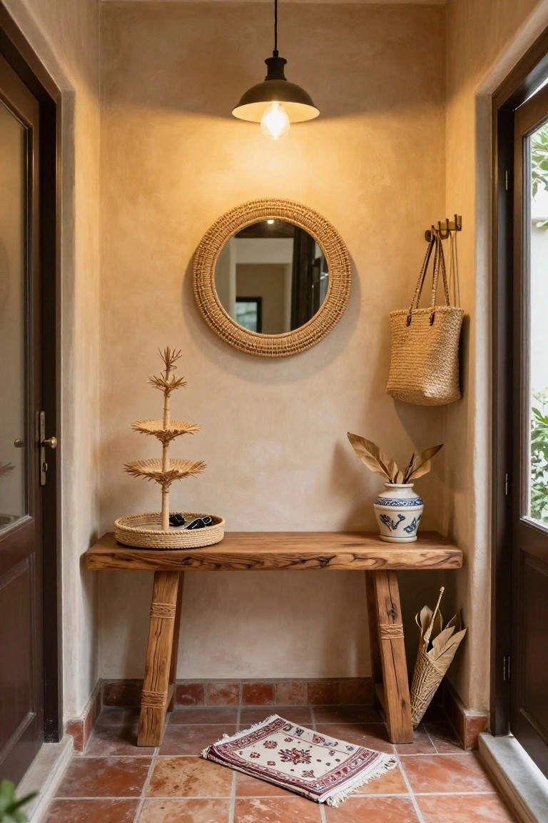 Narrow indoor entryway with beige walls, wooden bench holding a woven tray with slippers, tiered rattan stand with spiky fronds, round woven mirror, coat hooks with straw bag, blue vase with dried leaves, woven umbrella stand, small Persian rug, and two dark wooden doors on terracotta tile floor.