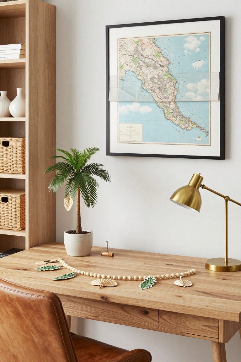 Wooden desk in a home office with green leaf garland, beads, and shells draped across the top, potted palm plant nearby, oak bookshelves, desk lamp, and framed coastal map on white wall.