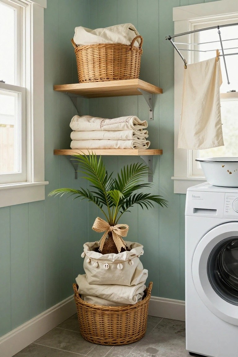 Laundry room corner featuring a potted palm plant in a basket with raffia bow, wicker laundry baskets, wooden floating shelves holding folded white linens, clothes drying rack, white washing machine, and pale teal paneled walls.