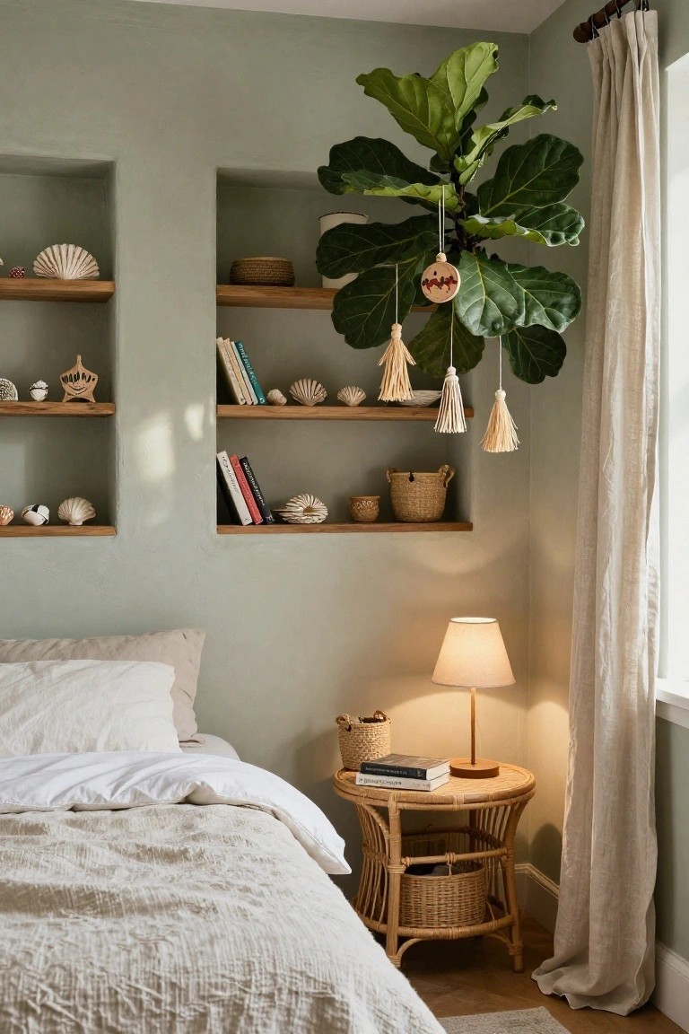 Bedroom corner with sage green walls, recessed wooden shelves displaying seashells, books, and ceramics, a large fiddle leaf fig plant hanging with tassel garlands and wooden ornaments, a bed with white linens, and a rattan side table holding a lamp and baskets.