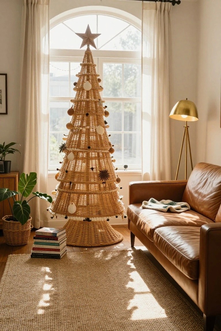 A tall conical Christmas tree made of woven rattan stands by a large window in a light-filled living room, decorated with beige beads, shells, starfish, and wooden ornaments, next to a leather sofa, gold floor lamp, potted plants, and stacked books on the floor.