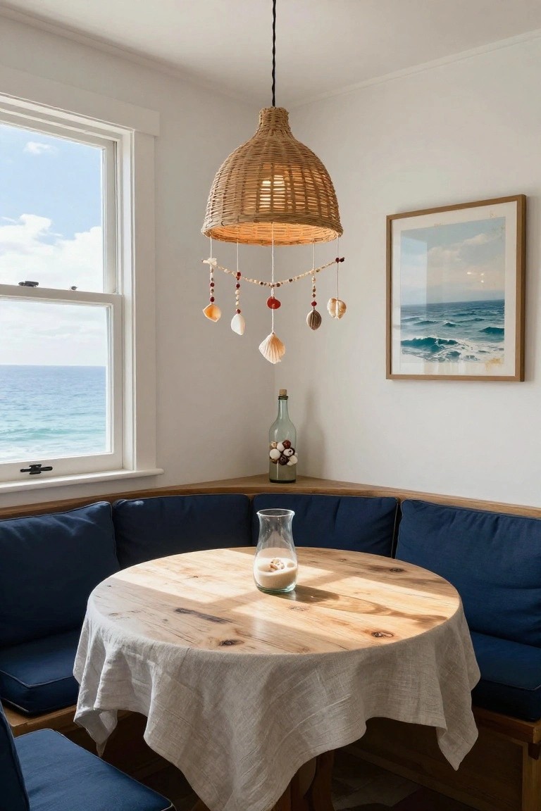 Corner booth with navy cushions around a round wooden table draped in linen, under a rattan pendant lamp with dangling shell and bead garland, next to a window overlooking the ocean, with glass bottle and vase on shelves.