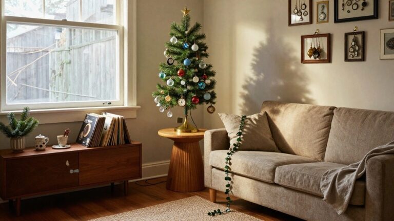 Small Christmas tree sculpture on a wooden table made from suspended colorful empty bottles, glass ornaments, pocket watches, and string lights on a brass stand next to a window in a living room.
