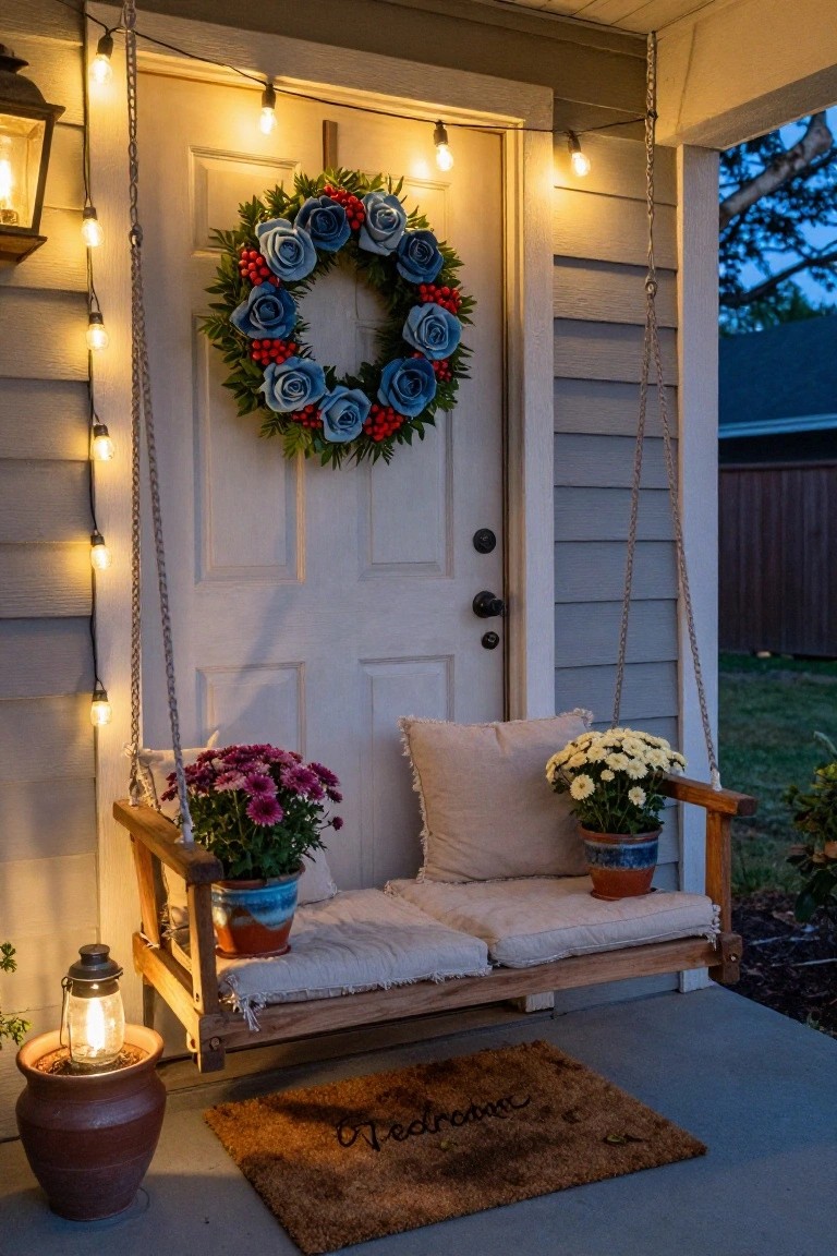White front door on a porch decorated with a navy blue rose and red berry wreath, flanked by string lights, a wooden porch swing with beige cushions and potted chrysanthemum plants, two lanterns, and a brown "Welcome" doormat at dusk.