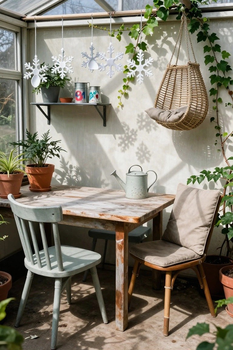 Greenhouse interior with potted plants, wooden table and chairs, metal watering can, hanging white snowflake ornaments shaped like spoons, painted tins on a shelf, and a woven hanging chair against white walls under a glass roof.