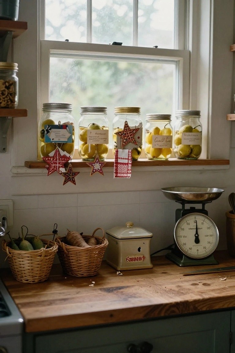 Kitchen windowsill with shelves holding mason jars of preserved yellow fruits labeled in Russian, decorated with hanging red and gold star ornaments, wooden counter below with wicker baskets of green fruits and vegetables, vintage scale, and flour tin.