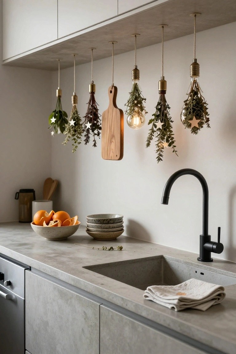 Modern kitchen with white cabinets, concrete countertop, black faucet, and multiple hanging glass Edison-style bulbs filled with dried herbs and small stars above the sink area.