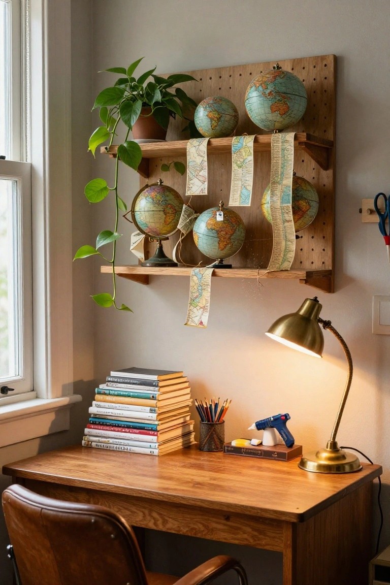 Wooden desk with stacked books, pencils, glue gun, and brass lamp in a corner room featuring a pegboard shelf displaying multiple vintage globes wrapped and draped with map strips, potted plants, and a hanging plant near a window.