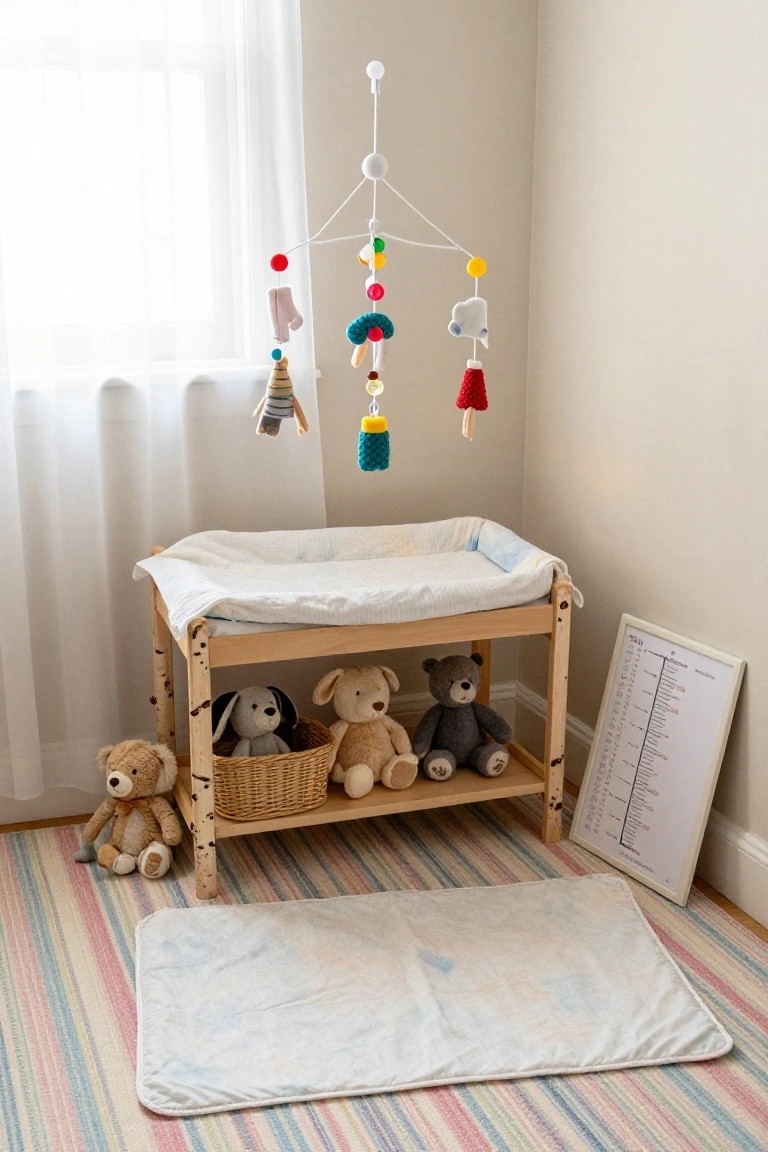 Baby changing table with colorful mobile, stuffed animals, and striped rug.