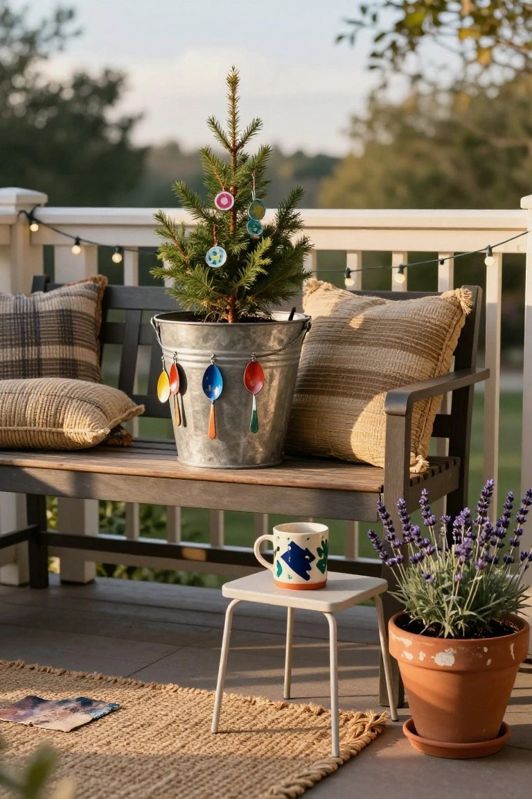 Small potted Christmas tree in a galvanized bucket on a wooden porch bench, decorated with colorful painted spoons and bottle cap ornaments, surrounded by pillows, a mug, lavender plant, and string lights.