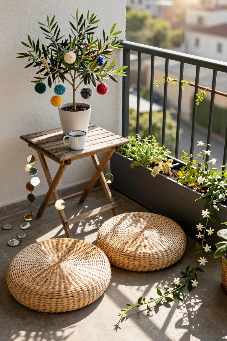 Potted olive tree decorated with multicolored yarn pom-poms on a sunny balcony beside a wooden table holding a white mug, with rattan floor cushions, herb planters, and hanging metallic disc garlands nearby.