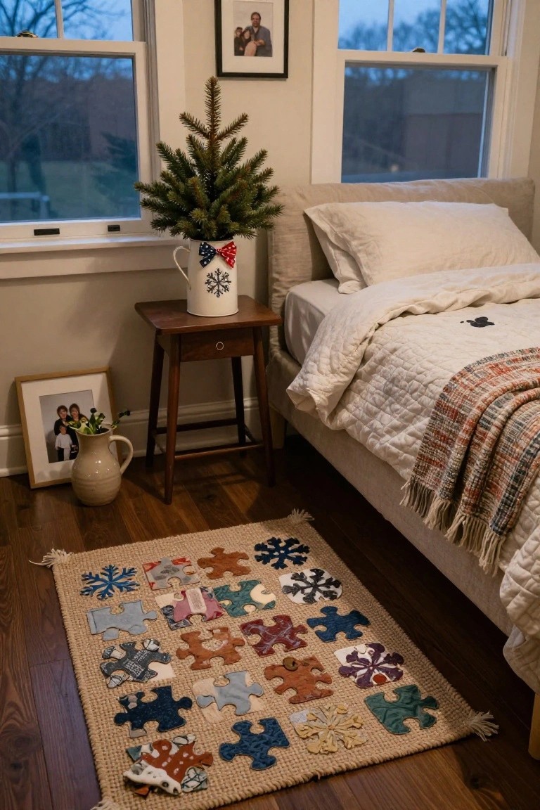 Bedroom corner with twin bed draped in white quilt and orange throw, small potted Christmas tree in white pot with snowflake design on wooden side table, family photos in frames, and patchwork puzzle-piece rug with snowflake motifs on hardwood floor.