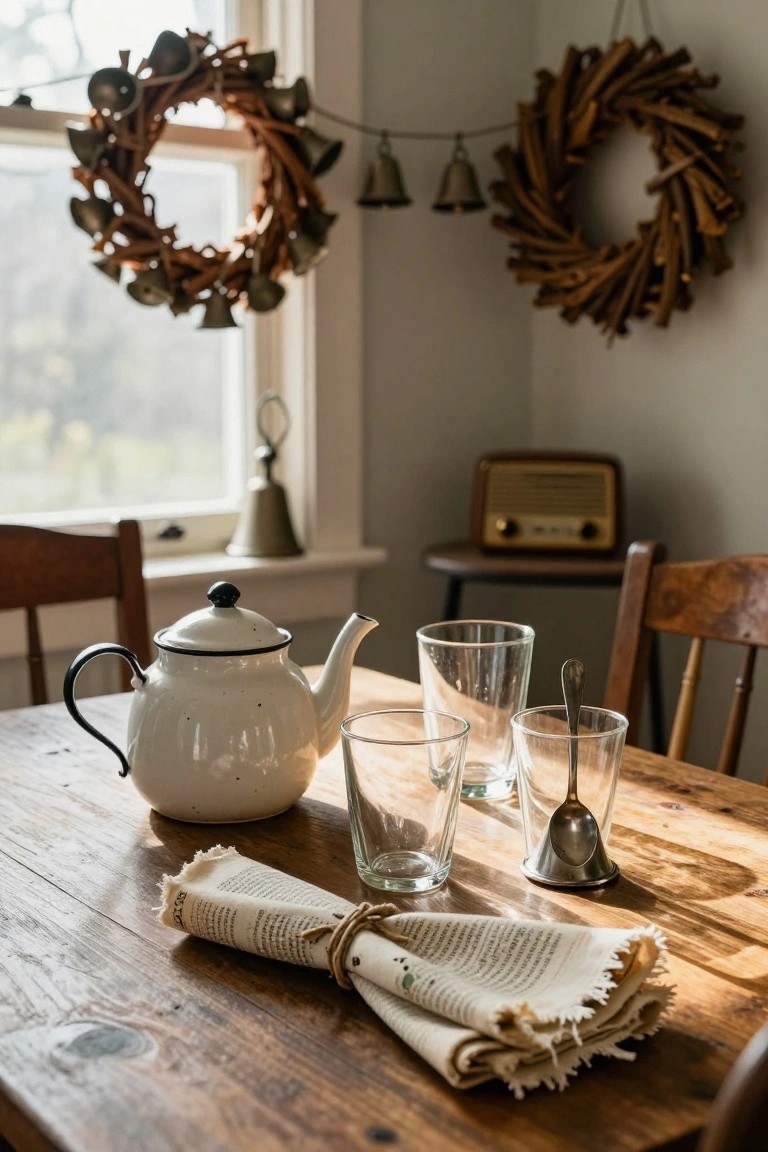 Wooden kitchen table with white enameled teapot, glass tumblers, metal spoon, and tied newspaper; two twig wreaths with bells hang on wall and window; wooden chairs and vintage radio nearby.