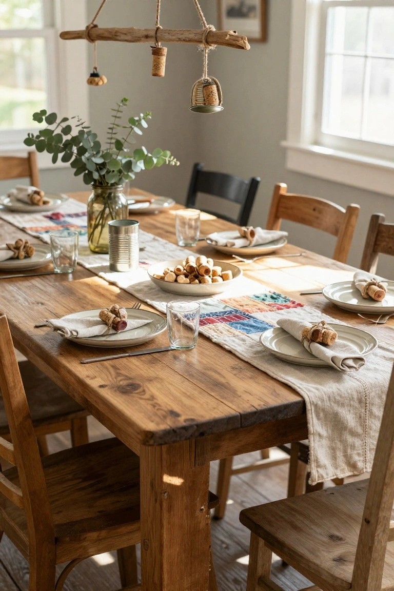 Wooden dining table set for a meal with white plates, linen napkins tied with wine corks, glassware, bowls of corks, and a driftwood chandelier hanging cork decorations above.