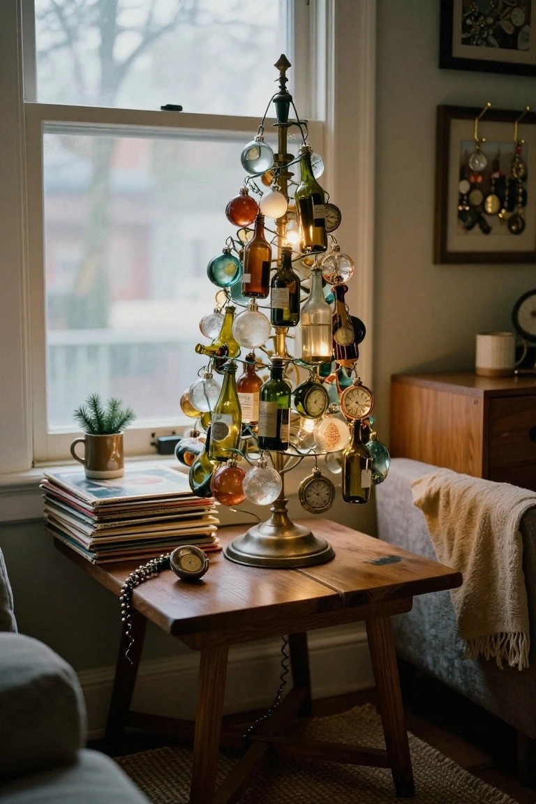 Small Christmas tree sculpture on a wooden table made from suspended colorful empty bottles, glass ornaments, pocket watches, and string lights on a brass stand next to a window in a living room.