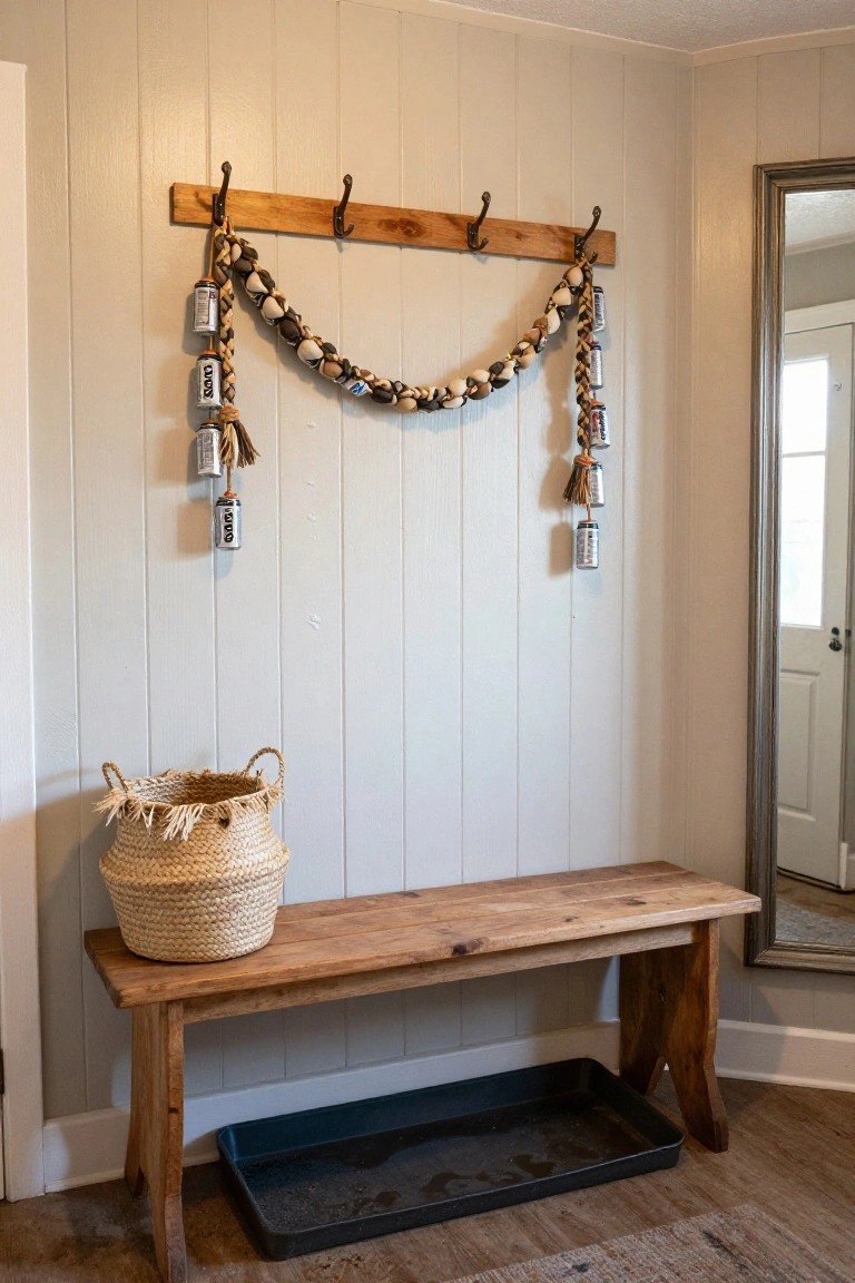 Light gray shiplap wall in an entryway with wooden coat rack hooks draped in a garland of braided rope, brown beads, shells, and colorful canned drinks, beside a seagrass basket, wooden bench, black plastic tray, and full-length mirror.