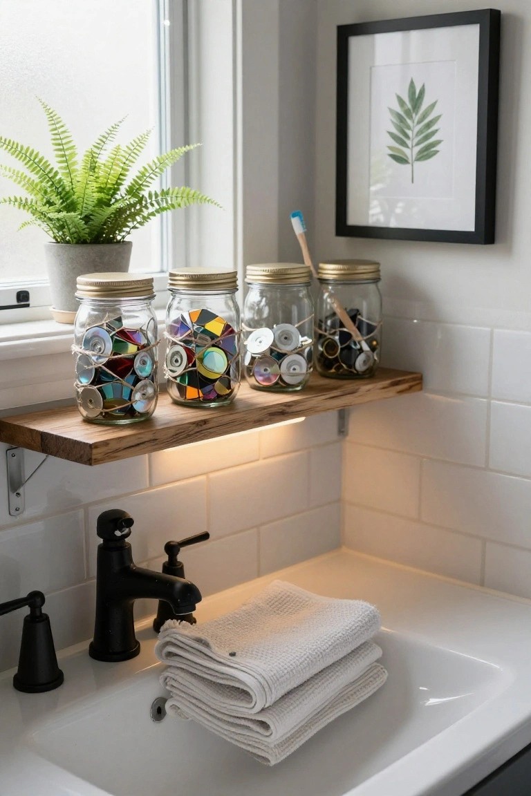 Bathroom sink area featuring a wooden floating shelf with four glass mason jars filled with colorful buttons, CDs, and sequins, a potted green fern nearby, white towels on the counter, and a black faucet.