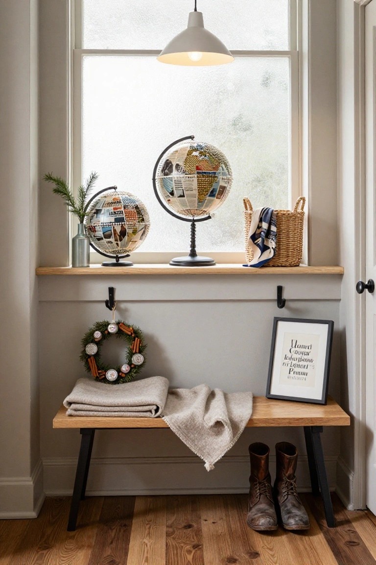 Indoor window ledge displaying two upcycled globes covered in magazine pages and clippings, flanked by fir branches in a vase and a wicker basket, with a holiday wreath, wooden bench holding a blanket and boots below.