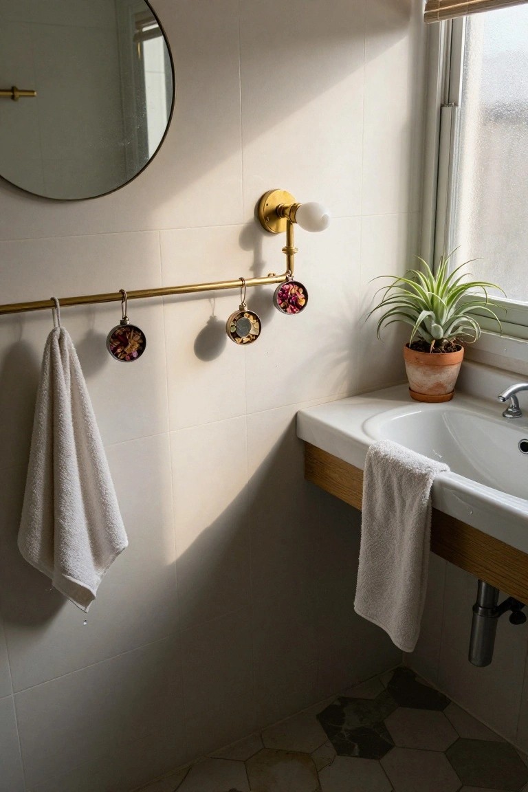 Bathroom sink on wooden vanity with white towels draped over edge and hanging from gold bar with three small brass containers filled with dried pink petals, round mirror on wall, spider plant in terracotta pot, and hexagonal floor tiles.