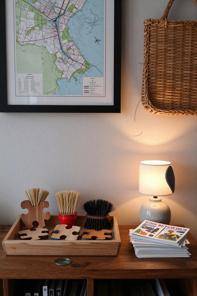 Wooden tray on a table holding puzzle-shaped wooden stands with bundles of brushes and grasses, a red pot of grasses, ceramic lamp, stack of magazines, and bookshelves, with a framed map on the wall.