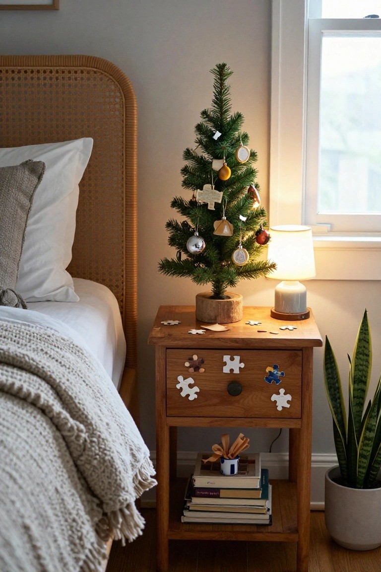 Wooden bedside table with puzzle pieces glued to the drawer as snowflake decorations, a small potted Christmas tree on top, scattered puzzle pieces, books, a lamp, and a potted plant next to a bed in a light bedroom.