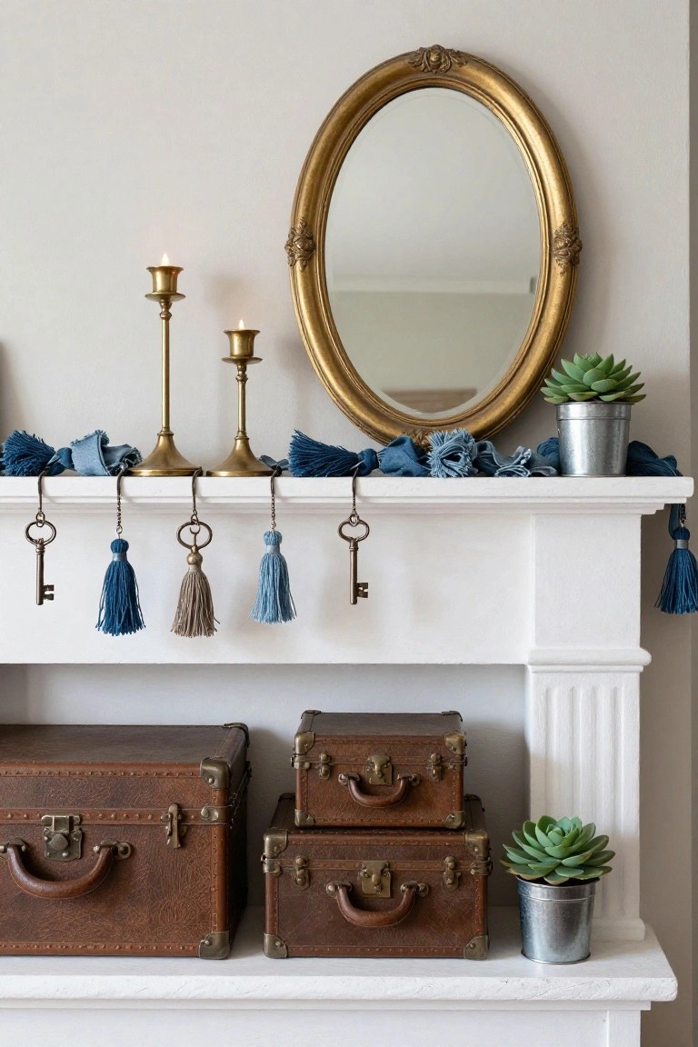 White mantelpiece with brass candlesticks holding lit candles, blue frayed fabric garland with tassels, hanging brass keys adorned with blue and gray tassels, gold oval mirror, stacked brown leather suitcases, and metal pots with succulents.