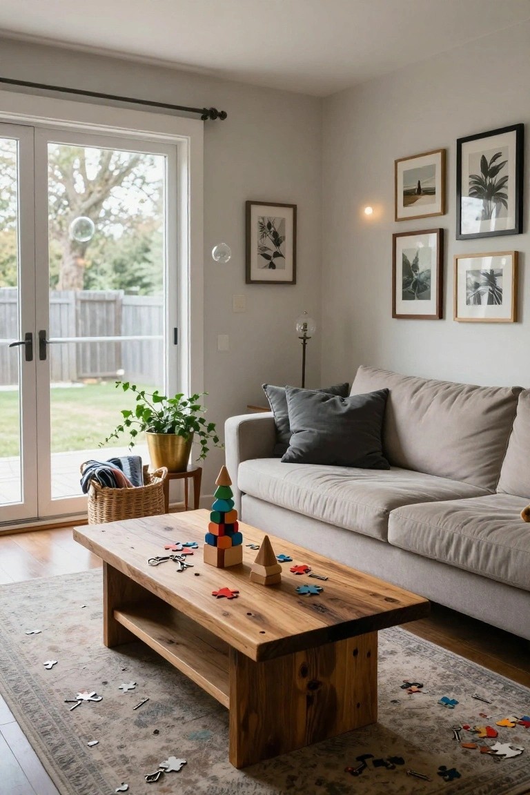 Living room interior with beige sofa, gray pillows, rustic wooden coffee table holding colorful wooden stacking blocks forming a tree shape and scattered puzzle pieces, potted ivy plant, woven basket, and sliding glass doors to backyard.