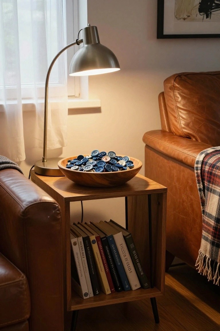 Wooden side table holding a bowl filled with assorted blue buttons, positioned next to a tan leather sofa with books on lower shelves and an adjustable lamp nearby.