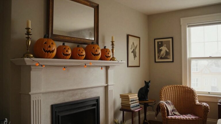 Living room interior with carved orange pumpkins on a white mantel above a fireplace, a black cat statue on a side table, a black cat on a wicker chair with plaid pillow, stacked books on a wooden table, brass candlestick, and Halloween string lights.