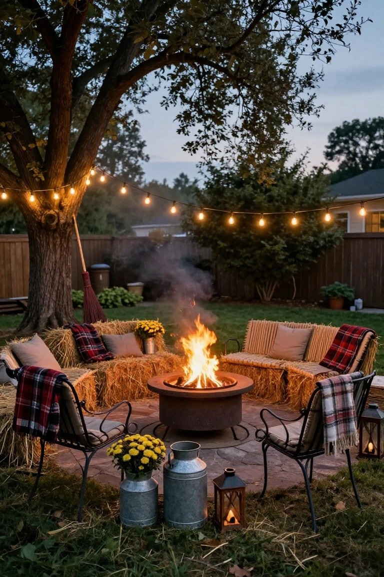 Backyard fire pit ringed by hay bale benches with plaid blankets and cushions, flanked by metal chairs, milk cans, lanterns, string lights, and fall plants at dusk.