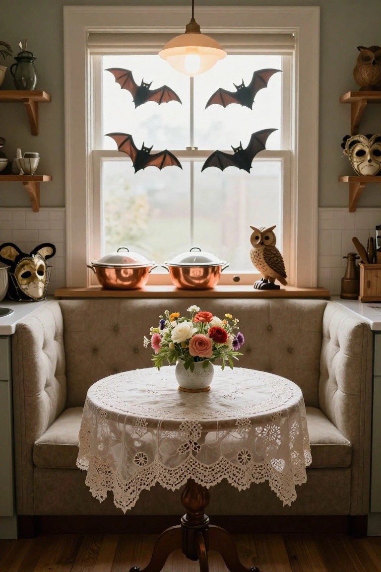 Kitchen nook with beige tufted bench seating around a small round table covered in white lace cloth and holding a vase of mixed flowers, large window with multiple black paper bat cutouts, nearby shelves displaying Venetian masks, wooden owl figurine, and copper pots.