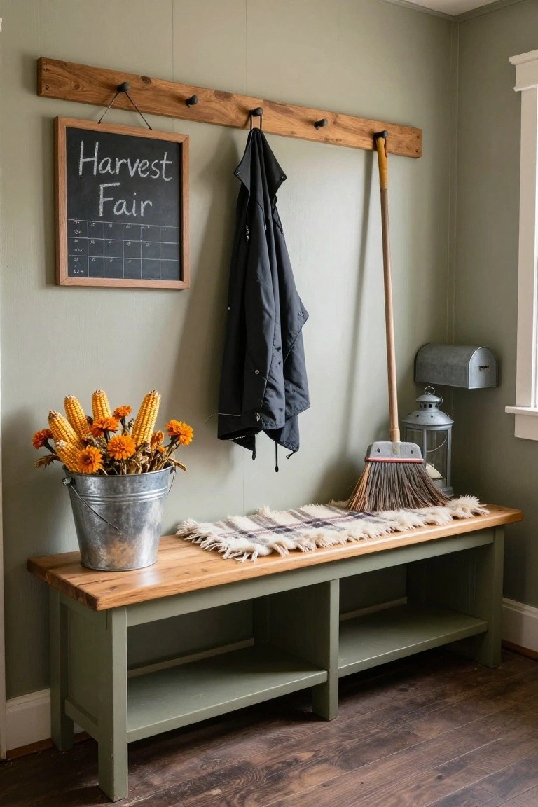 Sage green entryway wall with wooden coat rail holding black coat and yellow broom, framed chalkboard reading 