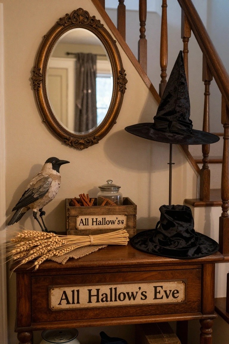Wooden console table in a beige hallway by wooden stairs, decorated with wheat sheafs, cinnamon sticks in a crate labeled 
