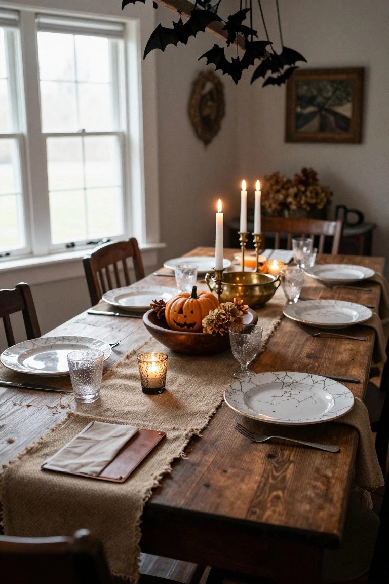 Rustic wooden dining table set with white plates, glassware, brass candelabras, candles, pumpkins in wooden bowls, burlap runner, and hanging black paper bats in a room with wooden chairs and wall art.