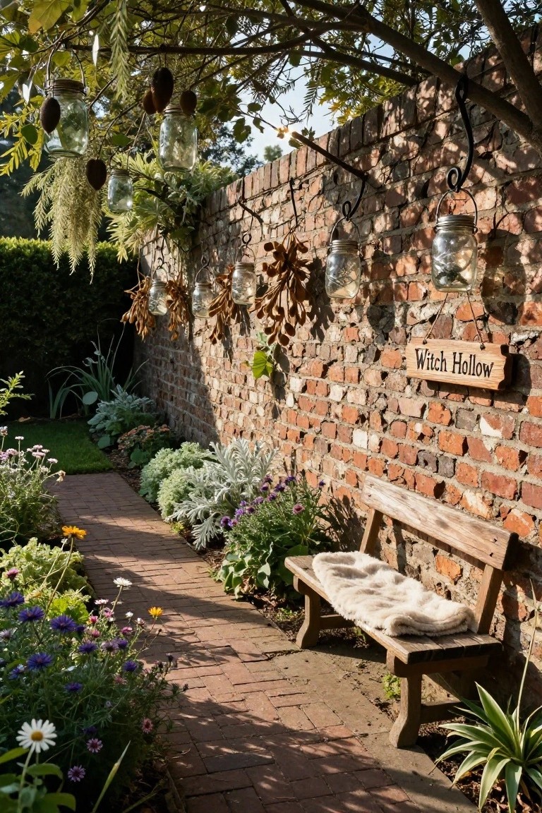 Brick garden wall with Witch Hollow sign, wooden bench with fur throw, brick path lined with flowers and plants, and multiple hanging mason jars containing seed pods from overhead vines and hooks.