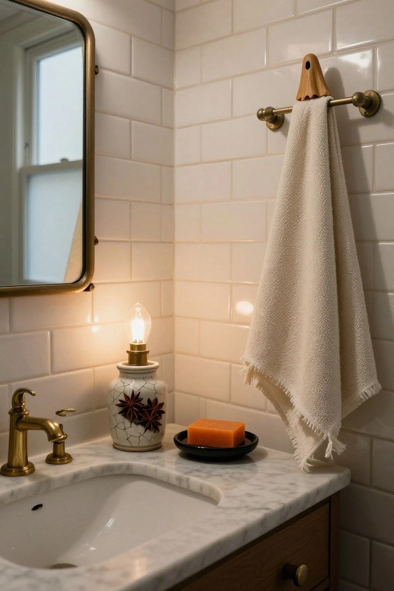 Bathroom vanity corner with white subway tile walls, brass round mirror, brass faucet and sink on marble countertop, lit ceramic vase with star anise design, orange bar soap on black dish, and white towel draped over wooden ghost-shaped hook on brass towel bar.