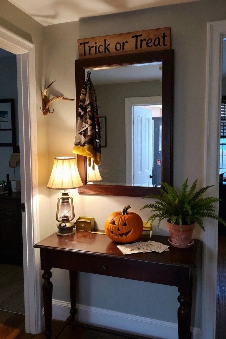 Wooden console table in a gray hallway entryway holding a carved jack-o-lantern pumpkin, brass lantern, small box, and envelopes, beside a potted fern plant, with a large mirror above displaying a wooden Trick or Treat sign and hanging scarf.