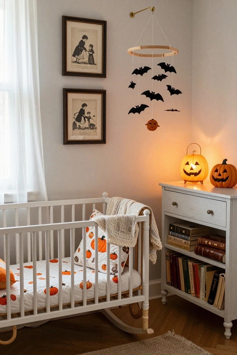 Cozy nursery corner with white crib featuring pumpkin-patterned bedding, wooden bat and pumpkin mobile overhead, glowing jack-o-lantern lamp on white dresser, and vintage-style artwork on walls.