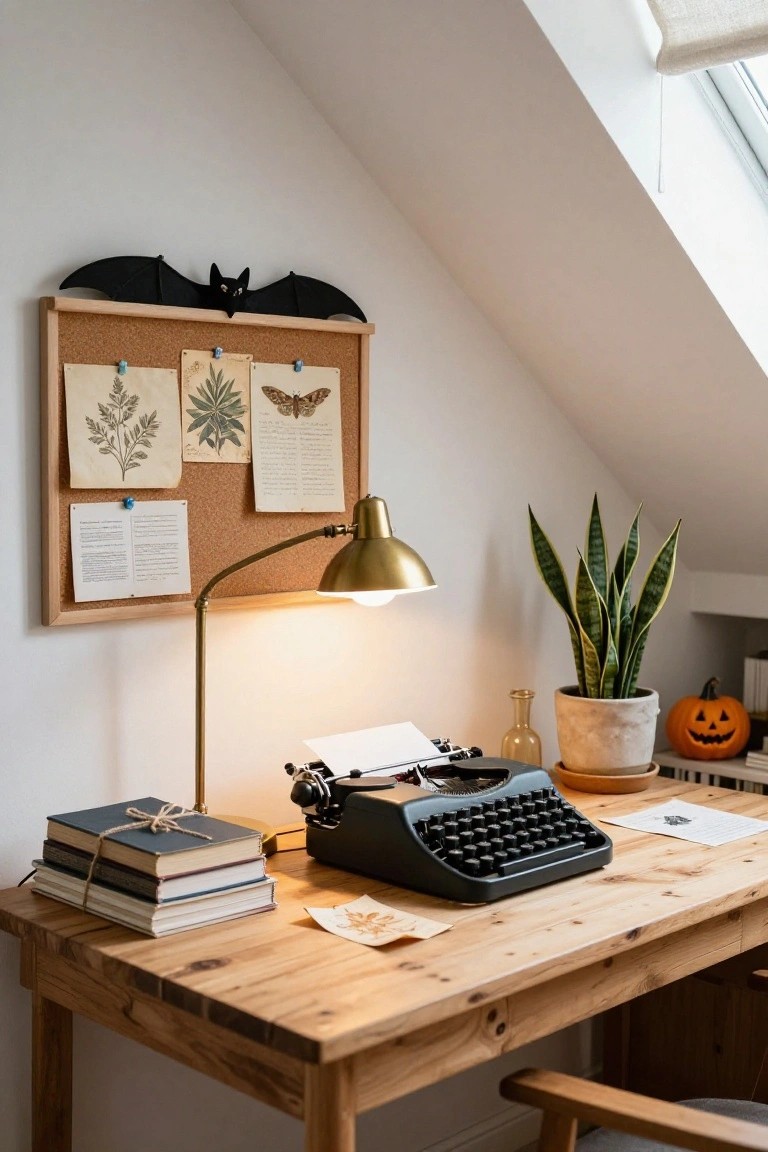 Wooden desk in an attic-style room with vintage black typewriter, stacked books tied with twine, brass lamp, snake plant in pot, small carved pumpkin, glass ink bottle, and corkboard displaying bat, botanical prints, and papers.